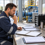 Trabalhador de manutenção planejando as atividades da semana em uma bancada industrial organizada.