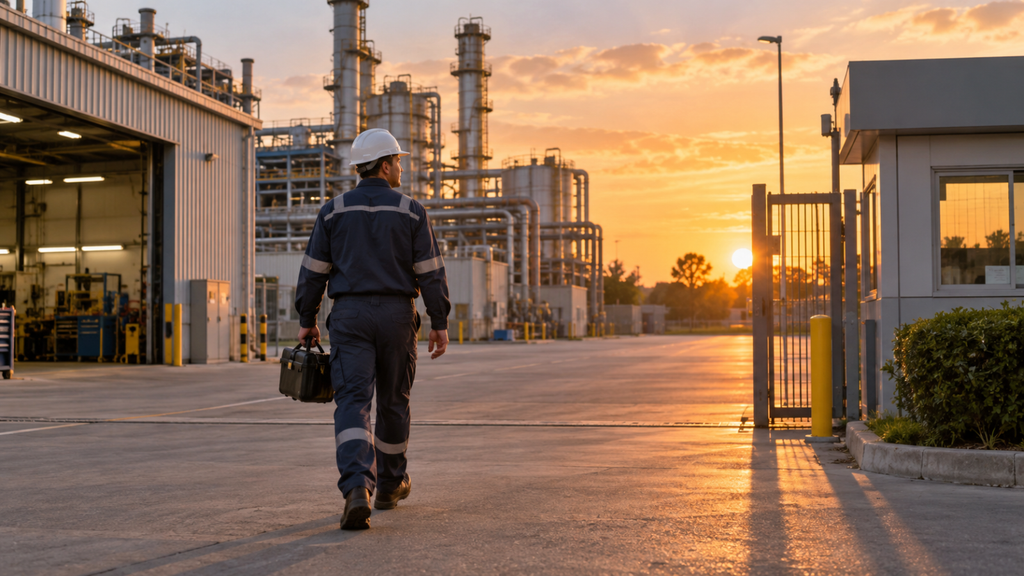 Trabalhador caminhando para fora da área industrial ao fim do dia, em clima tranquilo