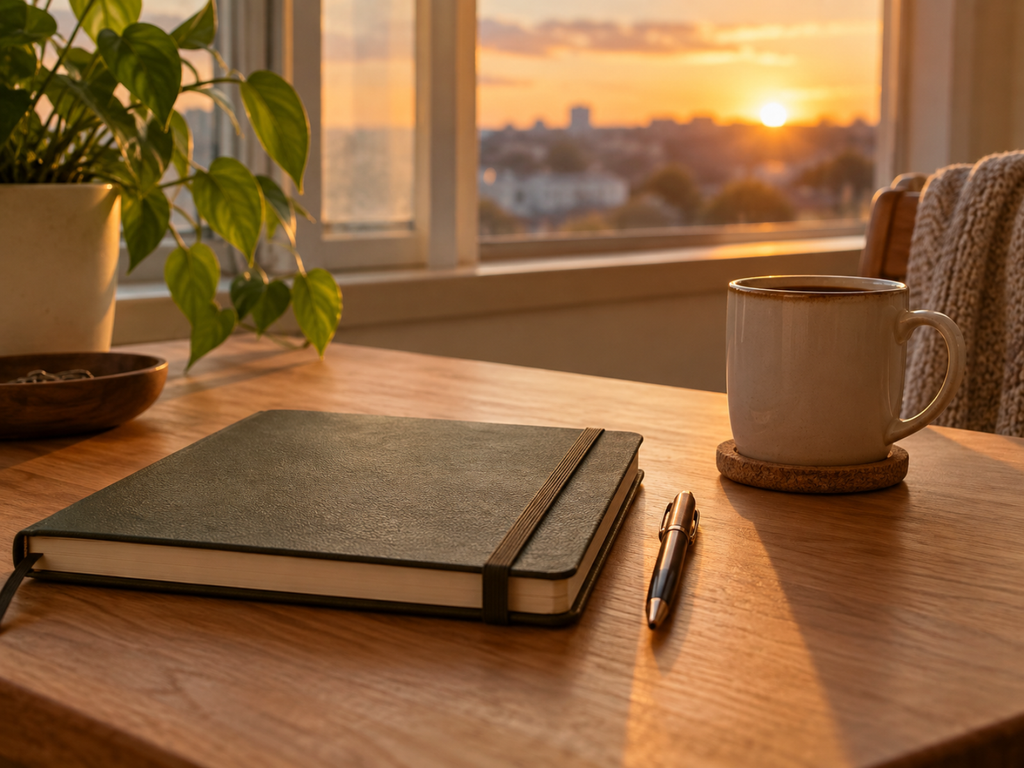 Agenda fechada sobre a mesa ao entardecer, representando o encerramento do dia e a permissão de deixar tarefas para amanhã.
