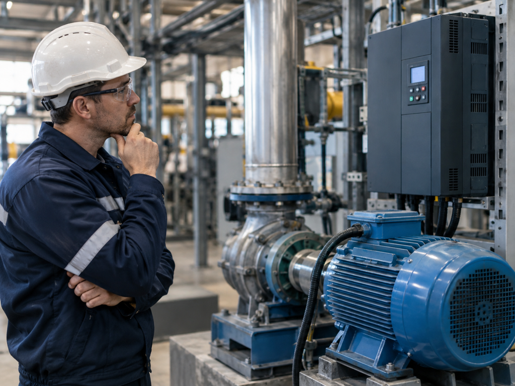 Trabalhador observando um motor industrial e um inversor de frequência, sem realizar intervenções.