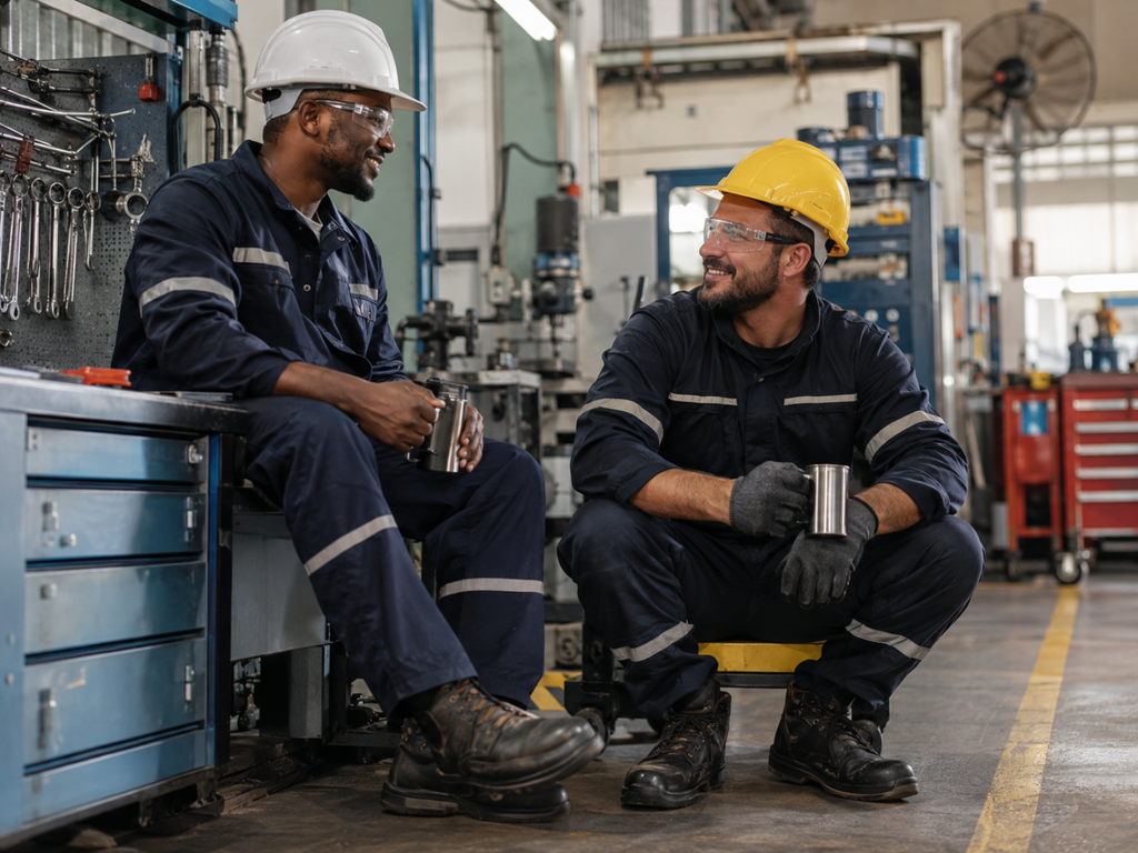 Dois trabalhadores fazendo uma pequena pausa e conversando perto da oficina, em clima natural