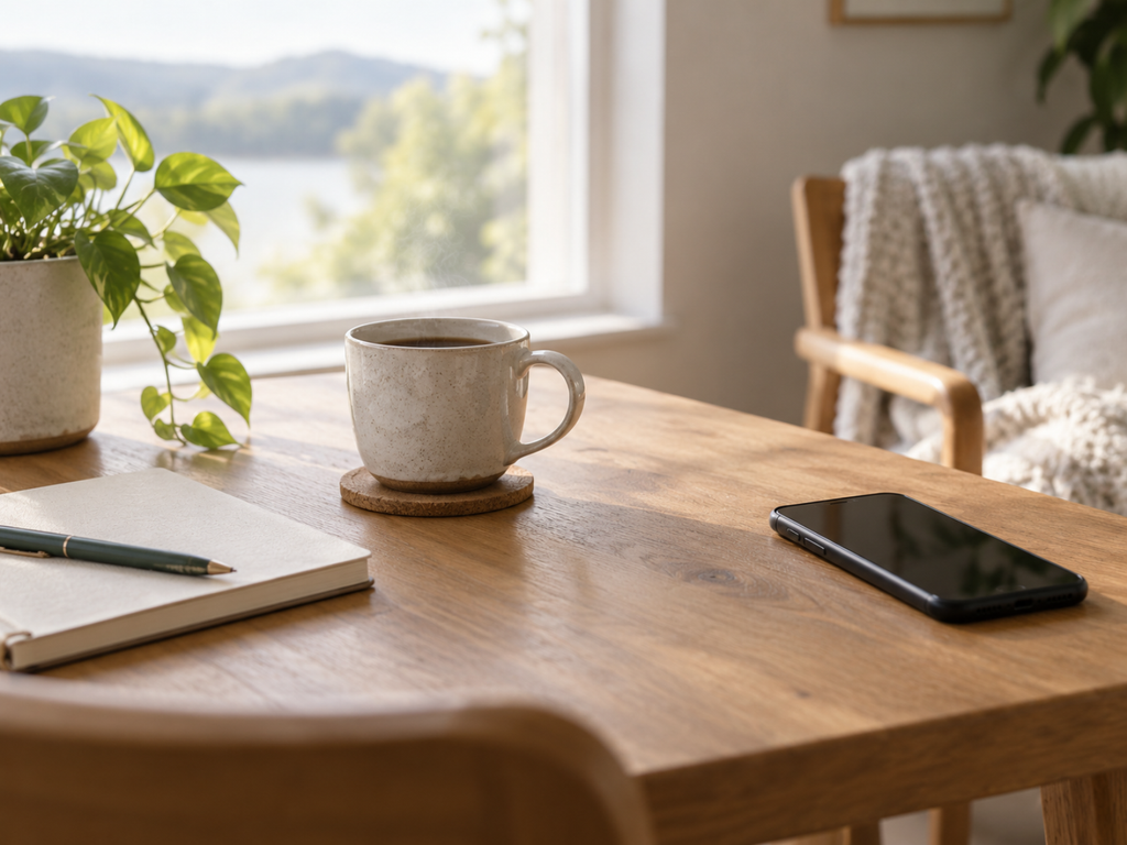 Celular afastado sobre a mesa durante uma pausa com café, representando desaceleração e uma rotina mais leve.