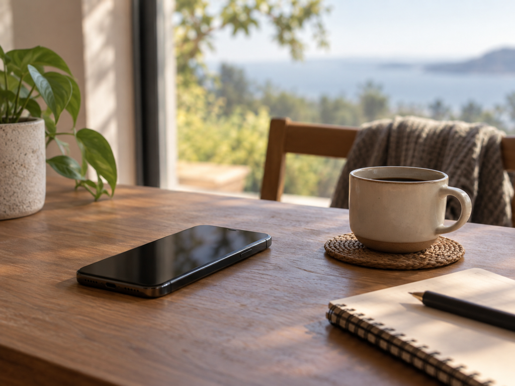 Celular afastado ao lado de café e caderno durante uma pausa, representando redução de estímulos e alívio da sobrecarga mental.