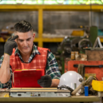 Trabalhador de manutenção analisando ordens de serviço, ferramentas e equipamentos em uma oficina industrial.