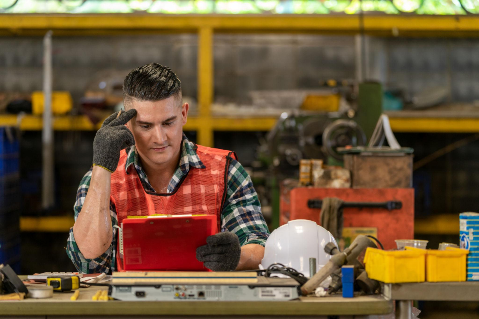 Trabalhador de manutenção analisando ordens de serviço, ferramentas e equipamentos em uma oficina industrial.