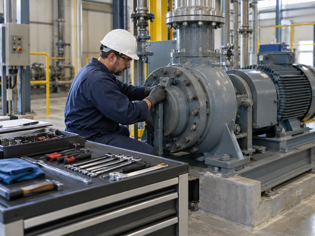 Equipamento parado de forma planejada, ferramentas organizadas e trabalhador preparando ou realizando manutenção