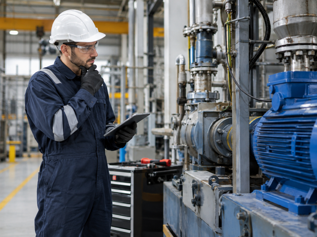Trabalhador de manutenção analisando um equipamento antes de decidir qual atividade executar.