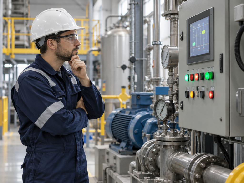 Trabalhador observando indicadores ou painel de um equipamento antes de fazer qualquer intervenção