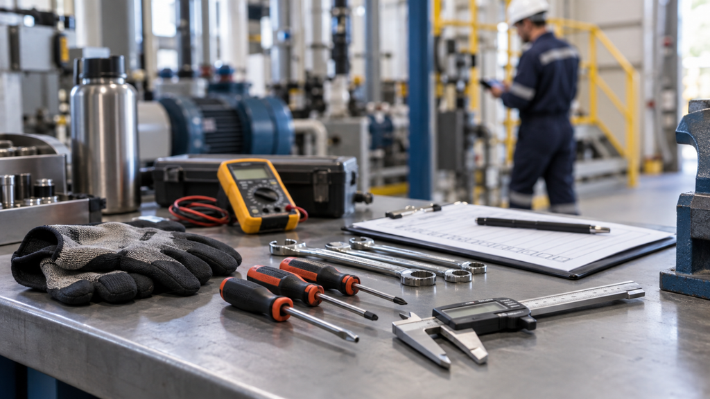 Instrumentos de medição, ferramentas e checklist de inspeção sobre uma bancada industrial, com o trabalhador ao fundo