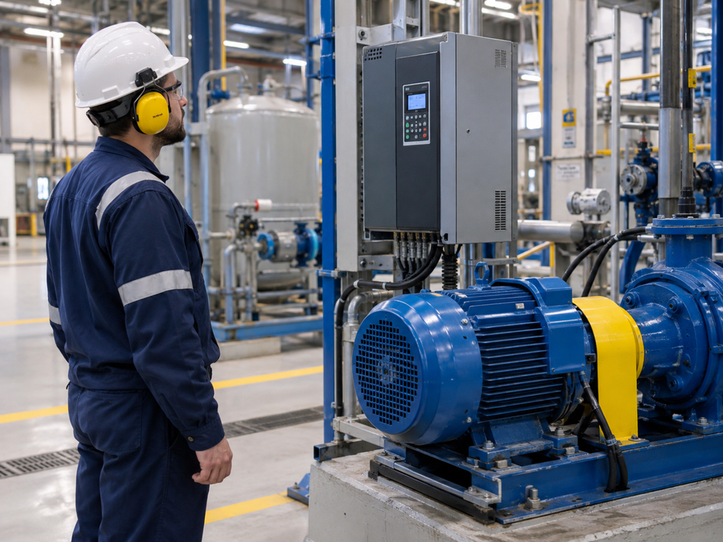 Motor industrial e inversor em operação, com trabalhador acompanhando parâmetros sem intervir