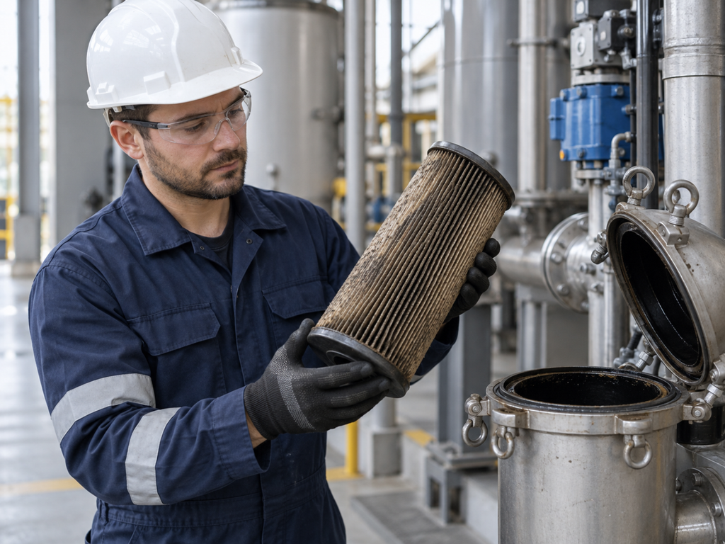 Trabalhador retirando ou inspecionando um filtro industrial usado durante uma manutenção preventiva