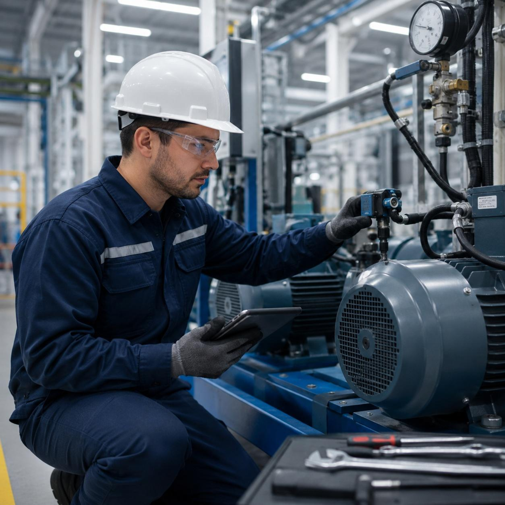 Trabalhador inspecionando um equipamento enquanto acompanha seus indicadores de funcionamento.
