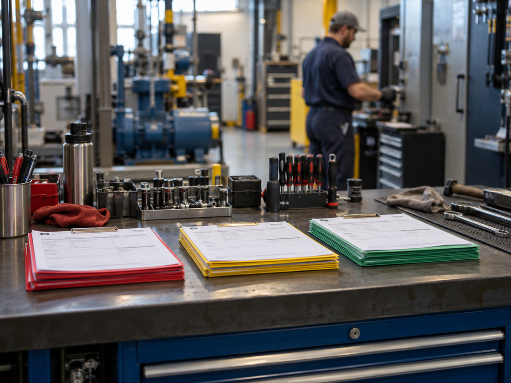 Bancada industrial com ordens de serviço separadas por prioridade, ferramentas organizadas e trabalhador ao fundo.