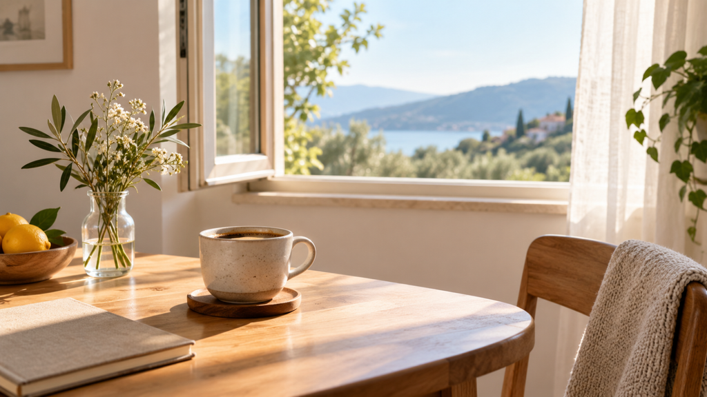 Cena cotidiana com café sobre a mesa, janela aberta e poucos objetos, representando espaço, calma e uma rotina mais leve.