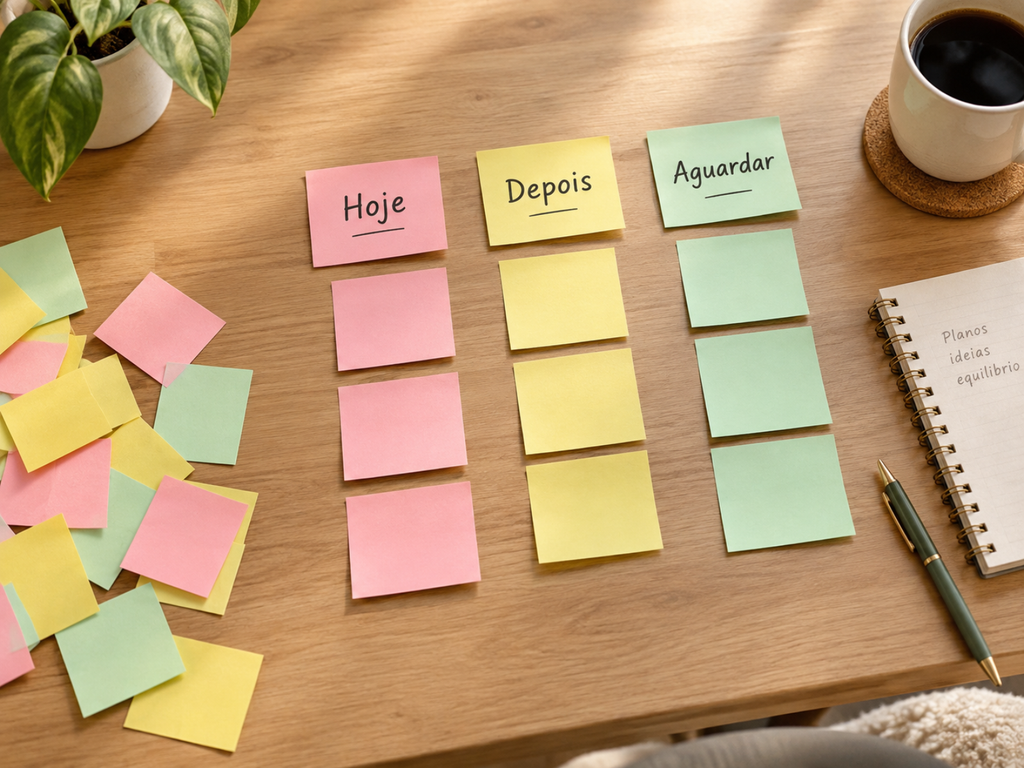 Post-its organizados em três grupos sobre a mesa, representando priorização e organização das tarefas.