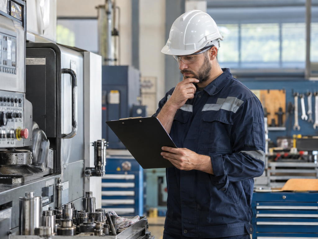 Trabalhador observando uma prancheta de planejamento diante de equipamentos industriais