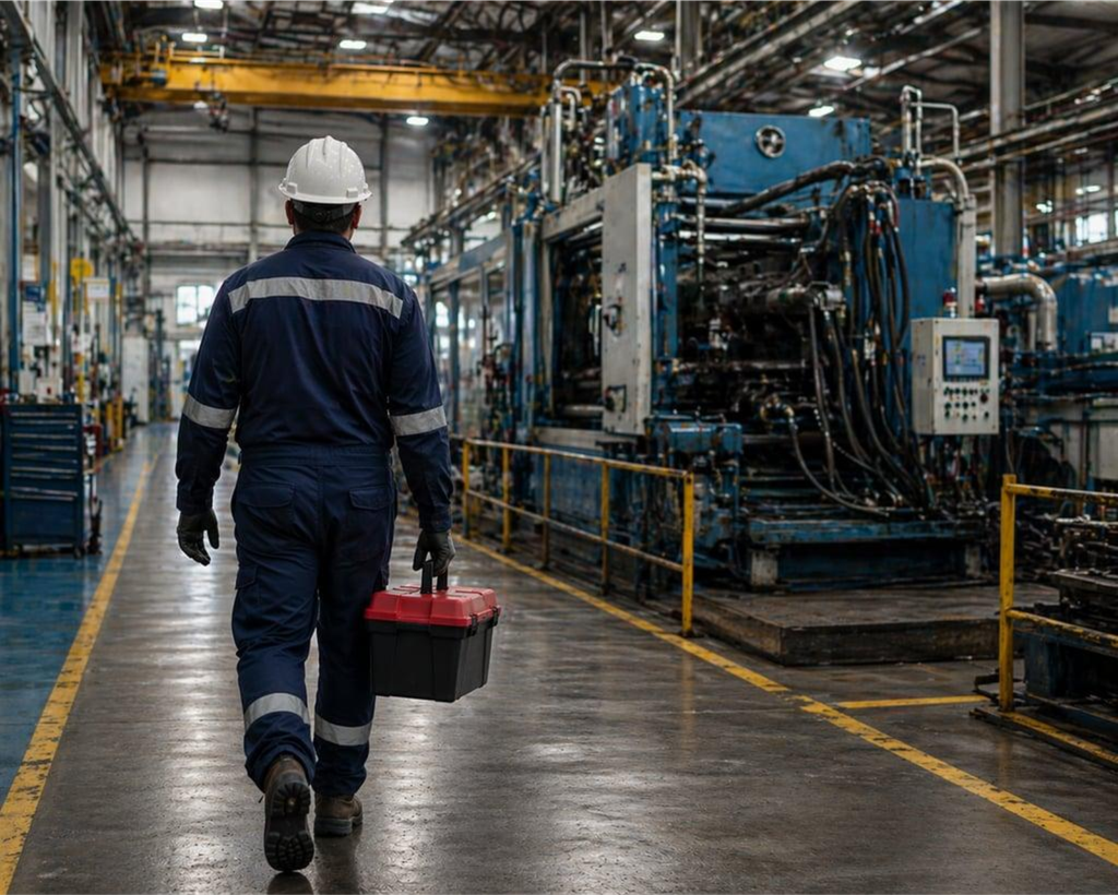 Trabalhador deixando a oficina ao entardecer, com os equipamentos ficando para trás.
