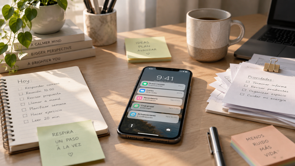 Celular com várias notificações ao lado de papéis e tarefas, representando excesso de informações e sobrecarga mental.