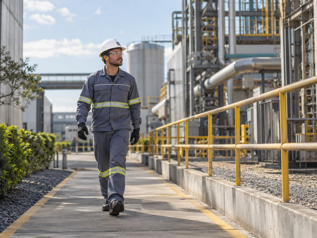 Trabalhador de fábrica caminhando por uma área externa da planta industrial durante uma pausa curta no meio do dia.