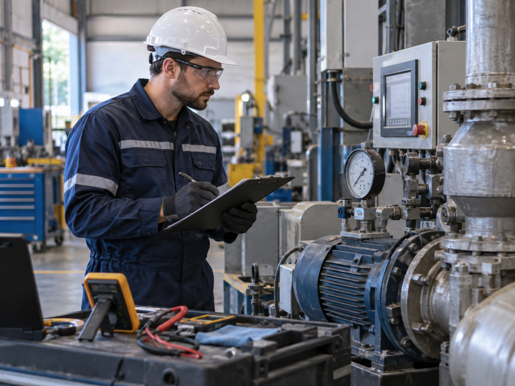 Trabalhador observando equipamento enquanto recebe informações de painel, prancheta e instrumentos