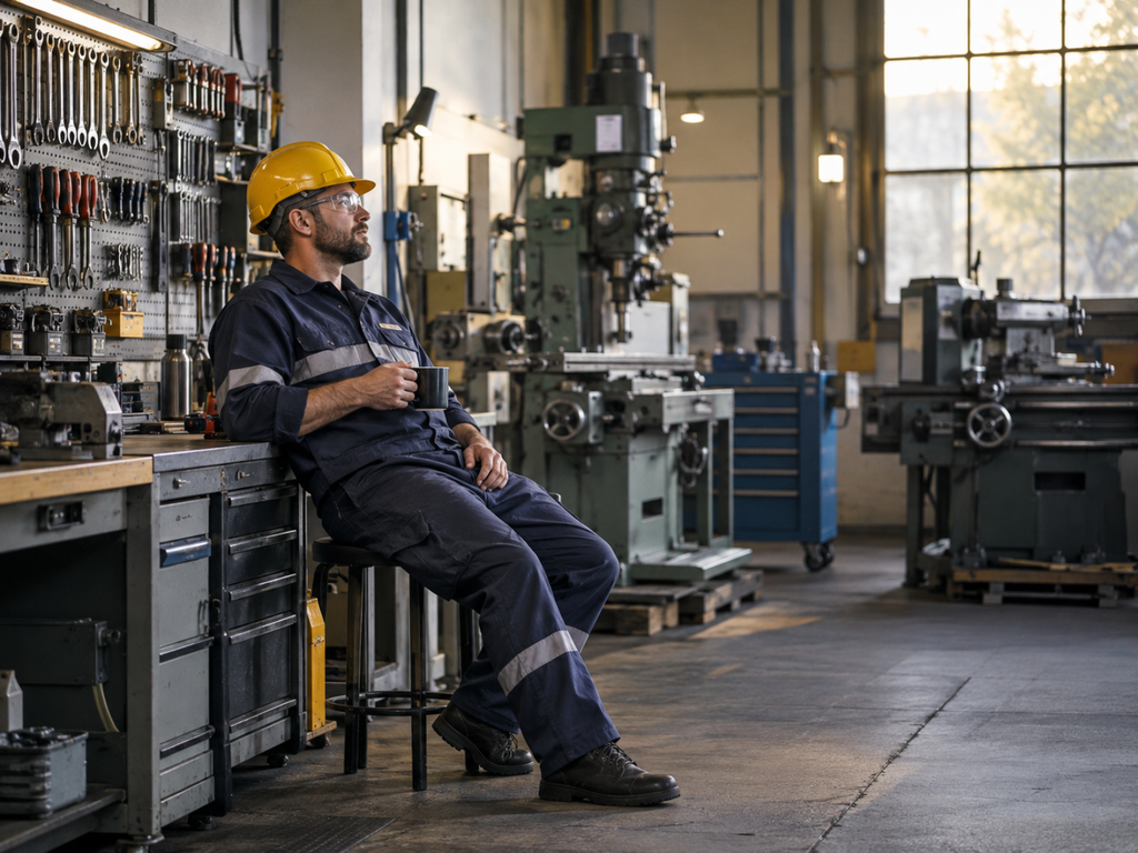 Oficina industrial em ritmo tranquilo, trabalhador sentado durante breve pausa enquanto equipamentos permanecem parados