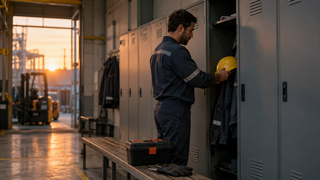 Armário de vestiário industrial com capacete, uniforme ou ferramentas sendo deixados para trás pelo trabalhador